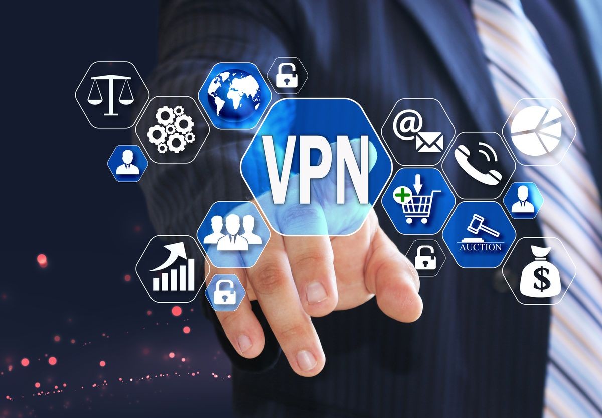 The businessman chooses the VPN,  Virtual Private Network on the virtual screen in the business network connection. 